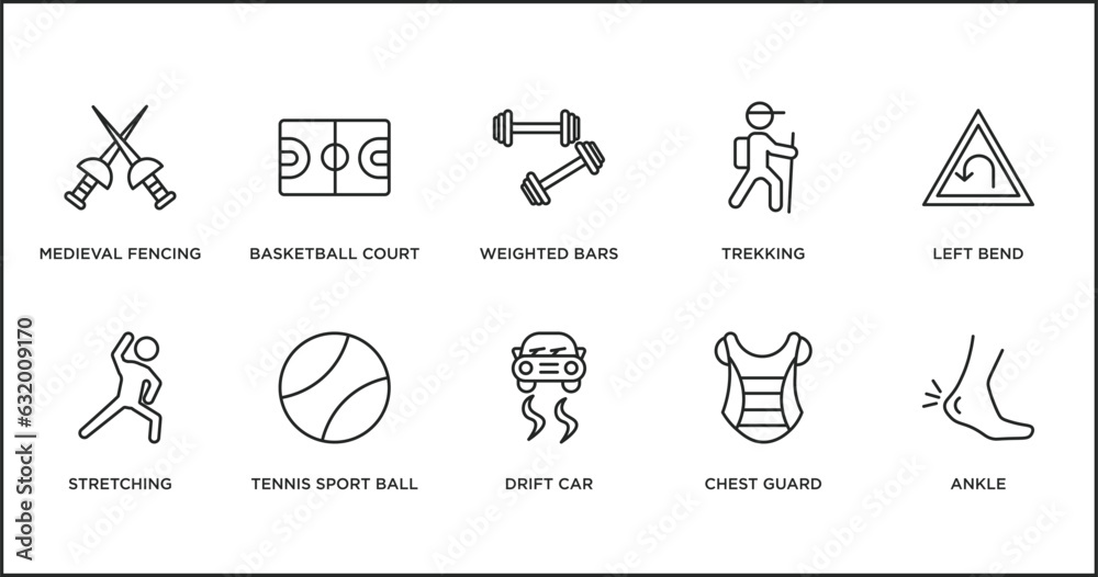 sports outline icons set. thin line icons such as weighted bars, trekking, left bend, stretching, tennis sport ball, drift car, chest guard vector.
