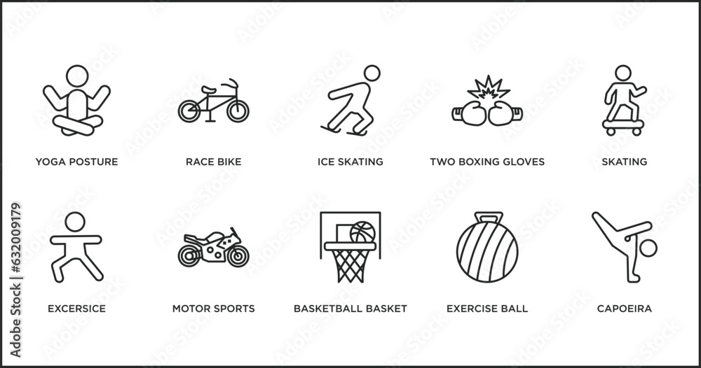 sports outline icons set. thin line icons such as ice skating, two boxing gloves, skating, excersice, motor sports, basketball basket, exercise ball vector.