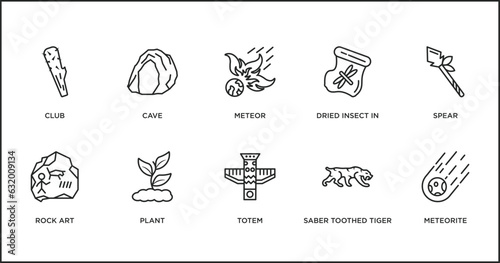 stone age outline icons set. thin line icons such as meteor, dried insect in amber, spear, rock art, plant, totem, saber toothed tiger vector.