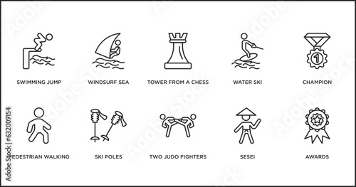sports outline icons set. thin line icons such as tower from a chess, water ski, champion, pedestrian walking, ski poles, two judo fighters, sesei vector.
