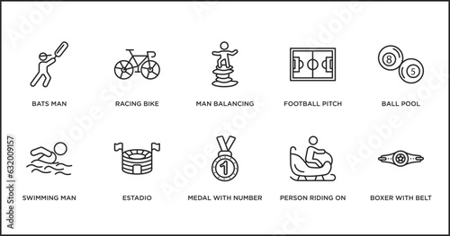 sports outline icons set. thin line icons such as man balancing, football pitch, ball pool, swimming man, estadio, medal with number 1, person riding on sleigh vector.