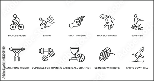 sports outline icons set. thin line icons such as starting gun, man losing hat, surf sea, man lifting weight, dumbbell for training, basketball champion, climbing with rope vector.