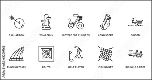 sports outline icons set. thin line icons such as bicycle for children, long socks, skibob, running track, dohyo, golf player, fishing net vector.