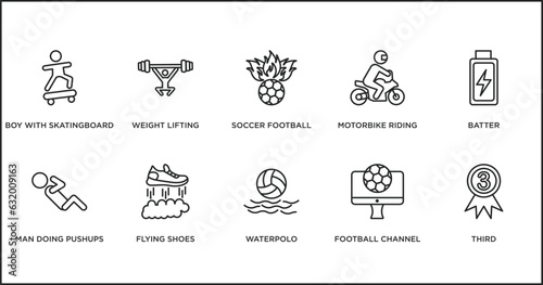 sports outline icons set. thin line icons such as soccer football ball, motorbike riding, batter, man doing pushups, flying shoes, waterpolo, football channel vector.