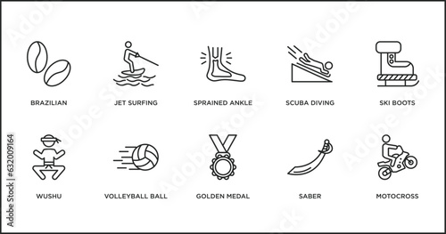 sports outline icons set. thin line icons such as sprained ankle, scuba diving, ski boots, wushu, volleyball ball, golden medal, saber vector.
