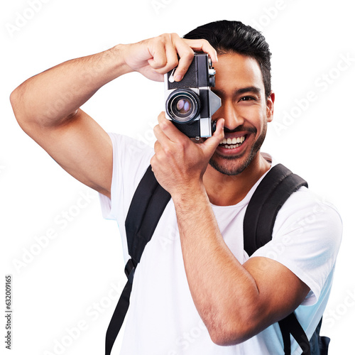 Travel, photographer and smile with portrait of man on png for tourist, holiday and film. Retro, camera and vacation with Asian person isolated on transparent background for vintage and inspiration