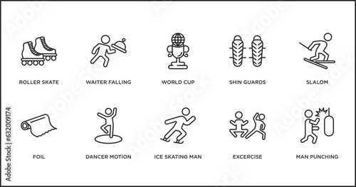 sports outline icons set. thin line icons such as world cup, shin guards, slalom, foil, dancer motion, ice skating man, excercise vector.