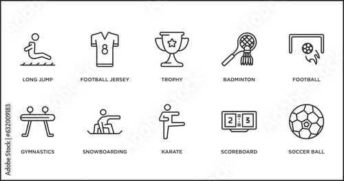 sport outline icons set. thin line icons such as trophy, badminton, football, gymnastics, snowboarding, karate, scoreboard vector.