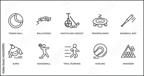 sport outline icons set. thin line icons such as unicycling hockey, trampolining, baseball bat, sumo, dodgeball, trail running, hurling vector.
