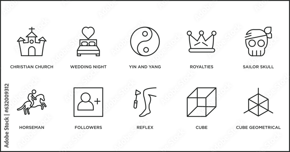 shapes outline icons set. thin line icons such as yin and yang, royalties, sailor skull, horseman, followers, reflex, cube vector. shapes outline icons set. thin line icons such as yin and yang, royalties, sailor skull, horseman, followers, reflex, cube vector.