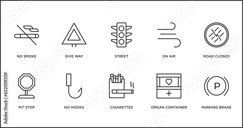 signaling outline icons set. thin line icons such as street, on air, road closed, pit stop, no hooks, cigarettes, organ container vector.