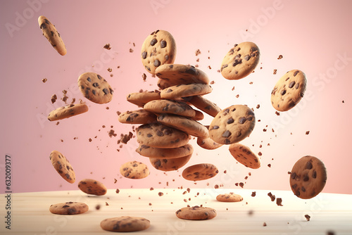 Chocolate Chips Cookies flying in the sky. Advertising concept.
