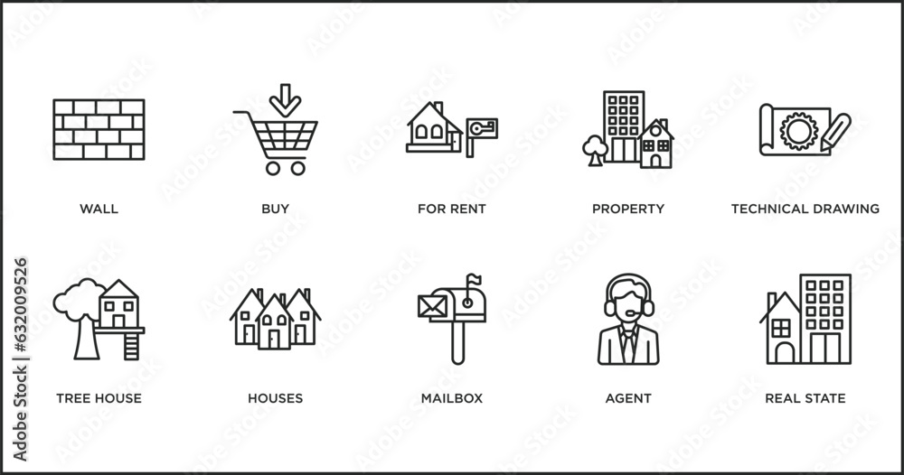 real estate outline icons set. thin line icons such as for rent, property, technical drawing, tree house, houses, mailbox, agent vector.