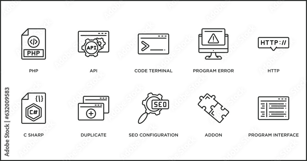 programming outline icons set. thin line icons such as code terminal, program error, http, c sharp, duplicate, seo configuration, addon vector.