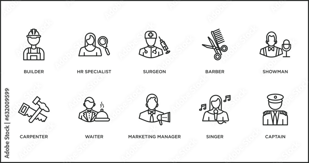 professions outline icons set. thin line icons such as surgeon, barber, showman, carpenter, waiter, marketing manager, singer vector.