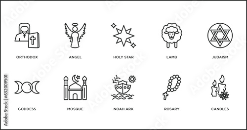 religion outline icons set. thin line icons such as holy star, lamb, judaism, goddess, mosque, noah ark, rosary vector.