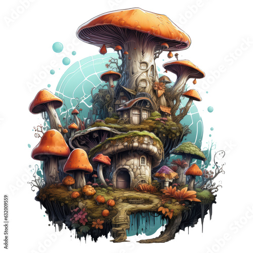 A Halloween haunted house t-shirt design set in an enchanted forest, with the haunted house as a bewitched, Generative Ai