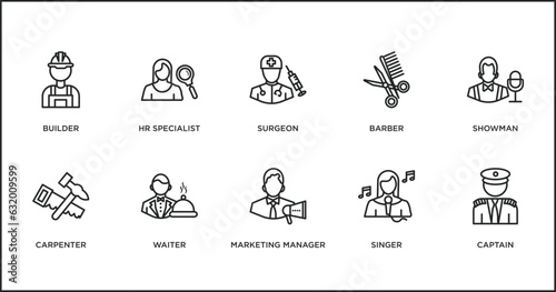 professions outline icons set. thin line icons such as surgeon, barber, showman, carpenter, waiter, marketing manager, singer vector.