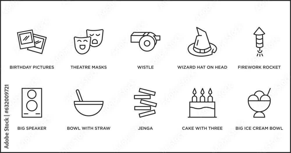 party outline icons set. thin line icons such as wistle, wizard hat on head, firework rocket, big speaker, bowl with straw, jenga, cake with three candles vector.