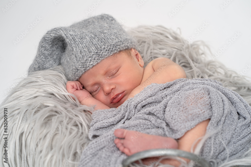 Baby Junge Neugeborenes mit Mütze liegend auf grauem Fell in einem Eimer, weißer Hintergrund isoliert Var. 2 Baby Junge Neugeborenes mit Mütze liegend auf grauem Fell in einem Eimer, weißer Hintergrund isoliert Var. 2