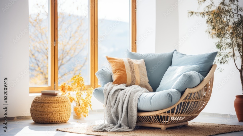 Obraz na płótnie Beautiful cozy interior design of bright living room in boho style with sofa and rattan armchair. Generative AI w salonie