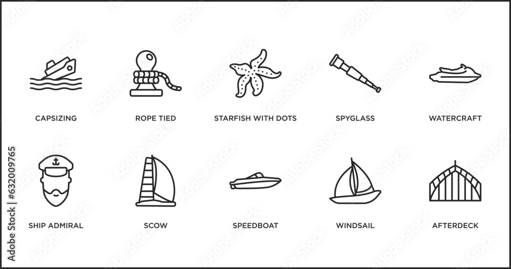 nautical outline icons set. thin line icons such as starfish with dots, spyglass, watercraft, ship admiral, scow, speedboat, windsail vector.