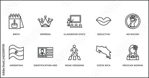 people outline icons set. thin line icons such as classroom stats, seductive, no racism, argentina, identification ard, road crossing, costa rica vector.