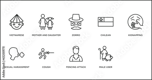 people outline icons set. thin line icons such as zorro, chilean, kidnapping, sexual harassment, cough, fencing attack, male user vector.