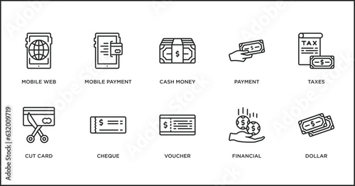 payment outline icons set. thin line icons such as cash money, payment, taxes, cut card, cheque, voucher, financial vector.