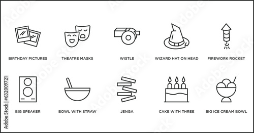 party outline icons set. thin line icons such as wistle, wizard hat on head, firework rocket, big speaker, bowl with straw, jenga, cake with three candles vector.