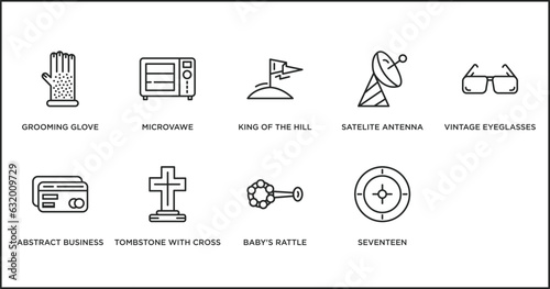 other outline icons set. thin line icons such as king of the hill, satelite antenna, vintage eyeglasses, abstract business card, tombstone with cross, baby's rattle, seventeen vector.