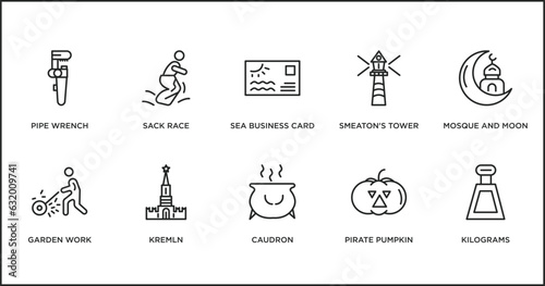 other outline icons set. thin line icons such as sea business card, smeaton's tower, mosque and moon, garden work, kremln, caudron, pirate pumpkin vector.