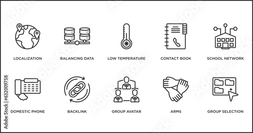 networking outline icons set. thin line icons such as low temperature, contact book, school network, domestic phone, backlink, group avatar, arms vector.