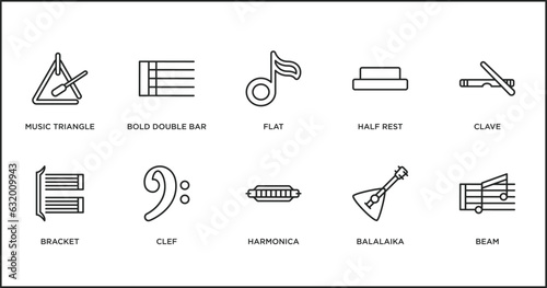 music and media outline icons set. thin line icons such as flat, half rest, clave, bracket, clef, harmonica, balalaika vector.