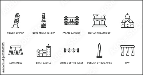 monuments outline icons set. thin line icons such as palais garnier, roman theatre of merida, , abu simbel, bran castle, bridge of the west, obelisk of bue aires vector.