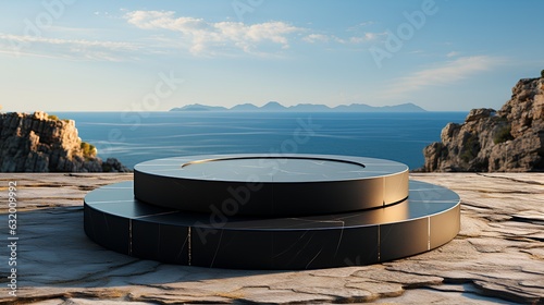 A podium made of black stone against the background of the sea and trees.
