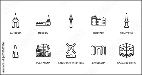 monuments outline icons set. thin line icons such as , denmark, philippines, pula arena, kinderdijk windmills, barcelona