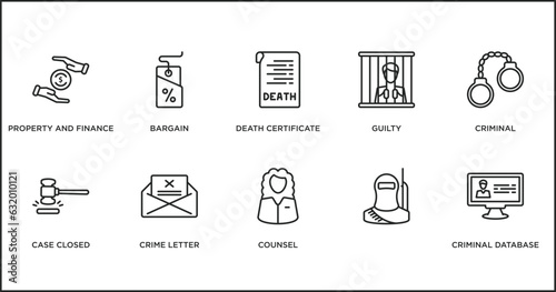 law and justice outline icons set. thin line icons such as death certificate, guilty, criminal, case closed, crime letter, counsel, vector.