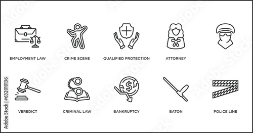 law and justice outline icons set. thin line icons such as qualified protection, attorney, , veredict, criminal law, bankruptcy, baton vector. photo