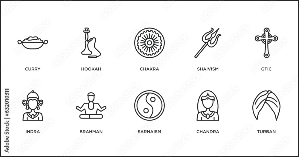 india outline icons set. thin line icons such as chakra, shaivism, gtic, indra, brahman, sarnaism, chandra vector.