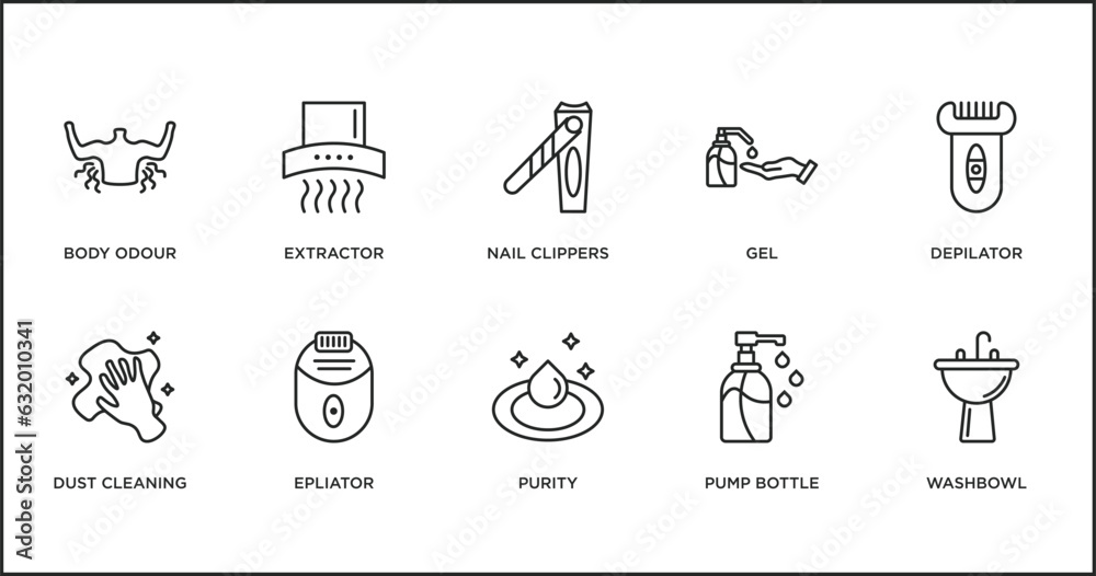 hygiene outline icons set. thin line icons such as nail clippers, gel, depilator, dust cleaning, epliator, purity, pump bottle vector. - obrazy, fototapety, plakaty 