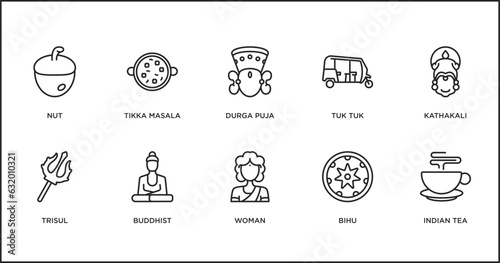 india outline icons set. thin line icons such as durga puja, tuk tuk, kathakali, trisul, buddhist, woman, bihu vector.
