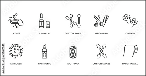 hygiene outline icons set. thin line icons such as cotton swab, grooming, cotton, pathogen, hair tonic, toothpick, cotton swabs vector.