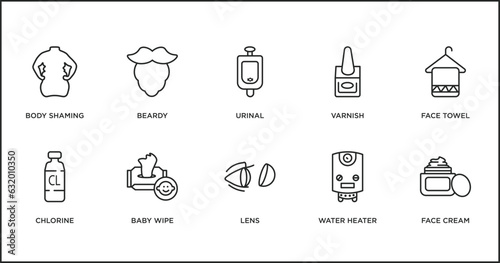 hygiene outline icons set. thin line icons such as urinal, varnish, face towel, chlorine, baby wipe, lens, water heater vector.
