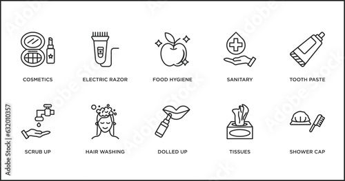 hygiene outline icons set. thin line icons such as food hygiene, sanitary, tooth paste, scrub up, hair washing, dolled up, tissues vector.