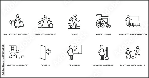 humans outline icons set. thin line icons such as walk, wheel chair, business presentation, carrying on back, come in, teachers, woman sweeping vector.