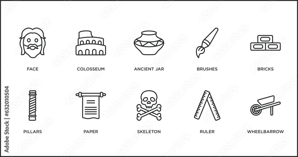 Fototapeta premium history outline icons set. thin line icons such as ancient jar, brushes, bricks, pillars, paper, skeleton, ruler vector.