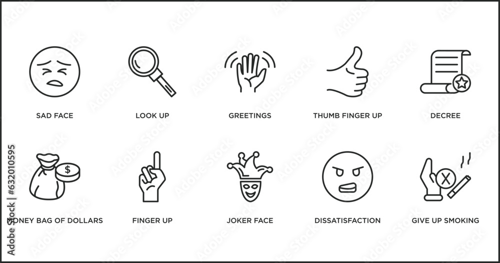 gestures outline icons set. thin line icons such as greetings, thumb finger up, decree, money bag of dollars, finger up, joker face, dissatisfaction vector.