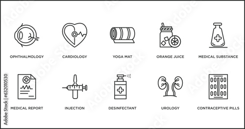 health and medical outline icons set. thin line icons such as yoga mat, orange juice, medical substance, medical report, injection, desinfectant, urology vector.