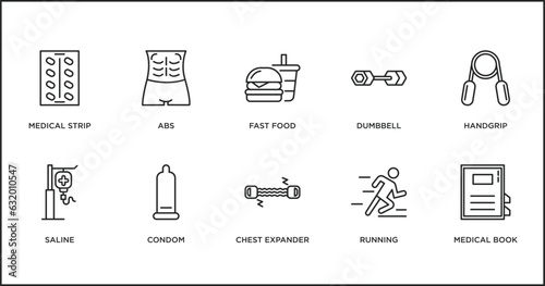 health and medical outline icons set. thin line icons such as fast food, dumbbell, handgrip, saline, condom, chest expander, running vector.